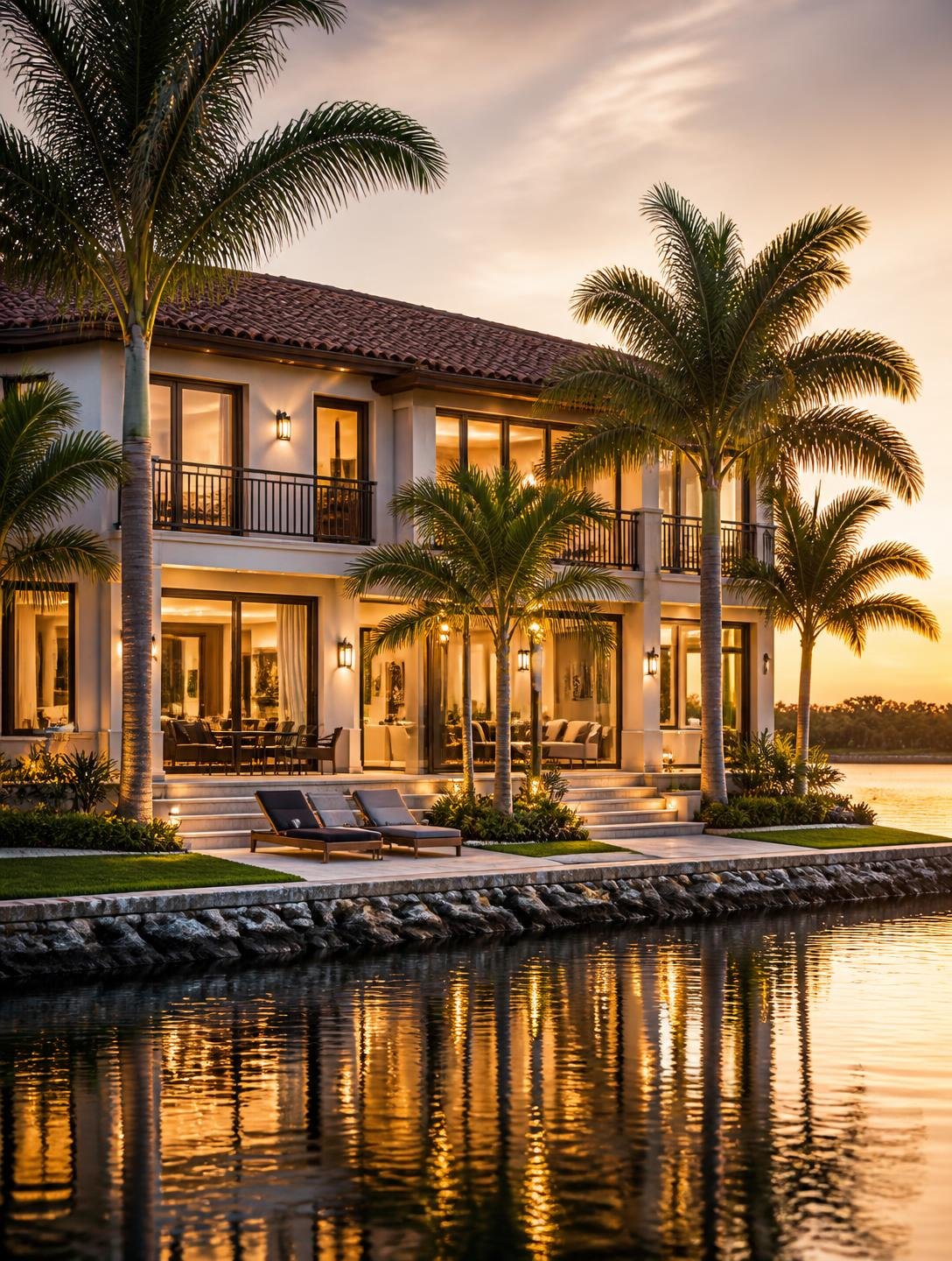 Casa de alto padrão à beira do lago na Flórida ao pôr do sol